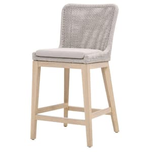 39 in. Brown and Gray Full Back Metal Frame Fabric Upholstered Counter Bar Stool with Mesh Design Rope Backrest
