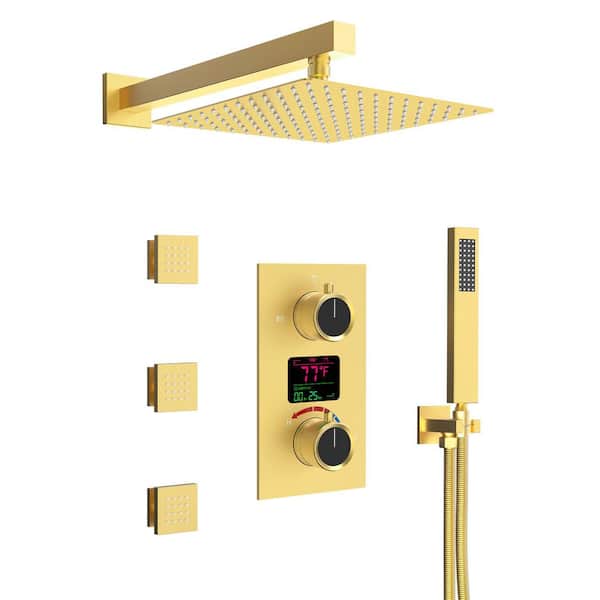 EVERSTEIN 5-Spray Pattern LED Shower System 12 in. Ceiling Mount Dual Shower Heads with 6-Jet in Brushed Gold 2.5 GPM
