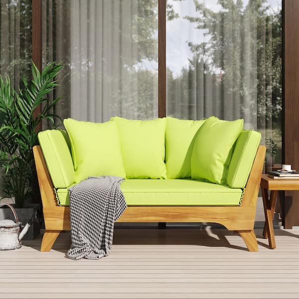 Unbranded Wood Outdoor Day Bed with Green Cushions