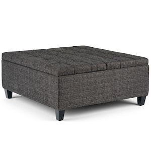Harrison 36 in. Wide Transitional Square Coffee Table Storage Ottoman in Ebony Tweed Look Fabric
