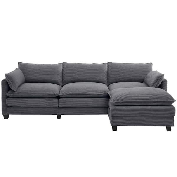102 in. Square Arm 2-Piece Corduroy L-Shaped Sofa with Movable Ottoman Sectional Sofa in. Gray