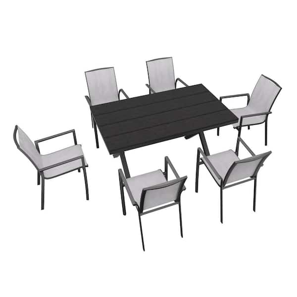 Clihome 7-Pieces Outdoor Patio Dining Set , 6 Stackable Aluminum Dining Chair and 59 in. L Black Rectangular Wood Dining Table