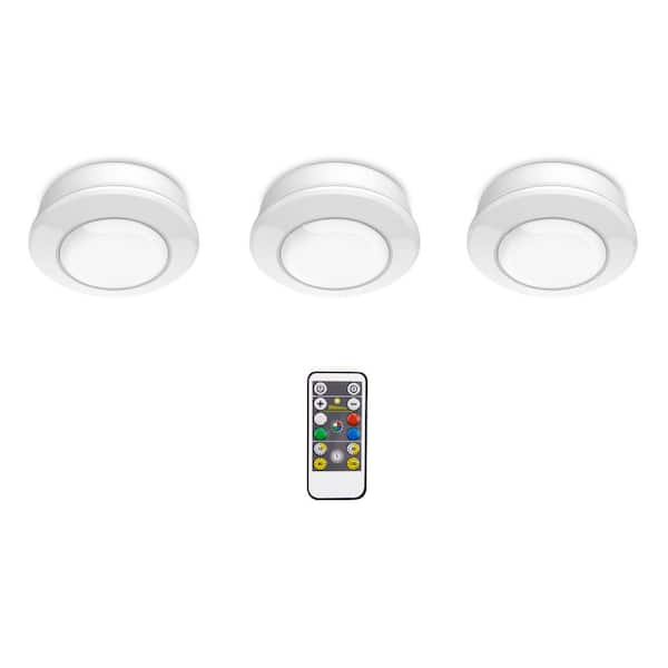 3 in. Round White LED Battery Operated Puck Light with Dimmable RGB Color Changing and Remote Control (3-Pack)