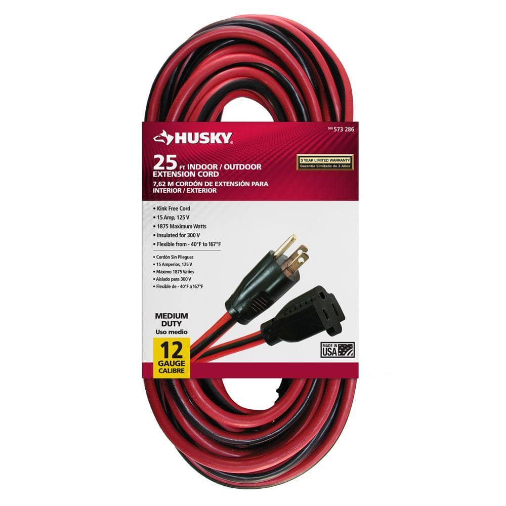 Husky 25 ft. 12/3 Gauge Medium Duty Indoor/Outdoor Red and Black Extension  Cord 65025HY - The Home Depot