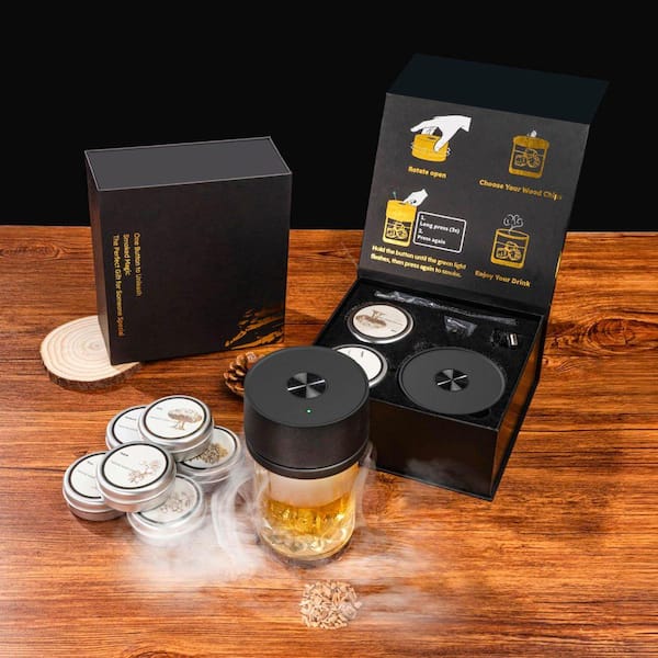 6-Piece Plastic Electric Whiskey Smoker Kit with Builtin Lighter Rechargeable Cocktail Smoker Set Includes 6 Wood Chips