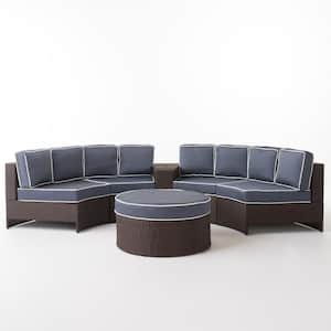 Brown 6-Piece Wicker Outdoor Patio Sectional Seating Set with Navy Blue Cushions