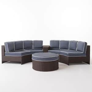 Brown 6-Piece Wicker Patio Sectional Seating Set with Navy Blue Cushions