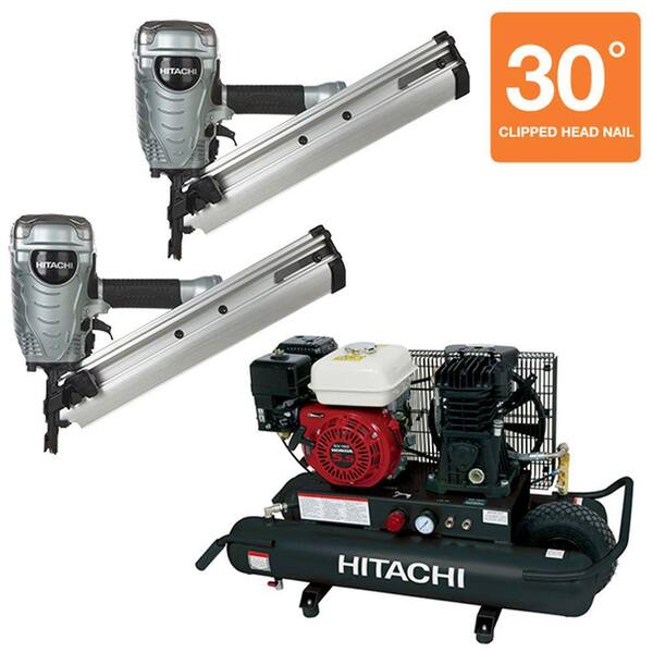 Hitachi (2) 3-1/2 in. Paper Collated Framing Nailer and 8 Gal. Gas Powered Wheeled Air Compressor (3-Piece)