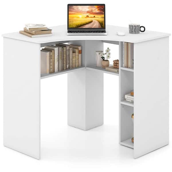 Costway 34 in. L-Shaped White Desk with Storage Shelves Adjustable Shelf for Home Office
