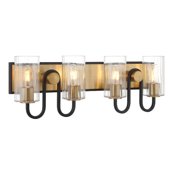 Orla 28 in. 4-Light Dark Matte Black and Legacy Brass Vanity Light with a Clear Ribbed Glass Shades