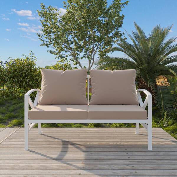 Afoxsos 54.72 in. White Metal Outdoor Loveseat with Beige Cushions, All-Weather Steel Outdoor 2-Seats Sofa Couch