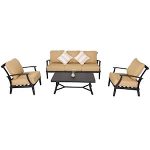4-Pieces Aluminum Patio Conversation Set Sofa Set with Yellow Cushions