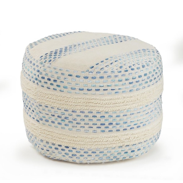Unbranded Nora Blue/Cream Striped Hand-Woven Cotton Blend Ottoman Pouf