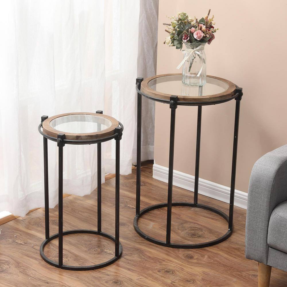 LuxenHome 2-Piece Black Metal and Glass Round Accent Tables