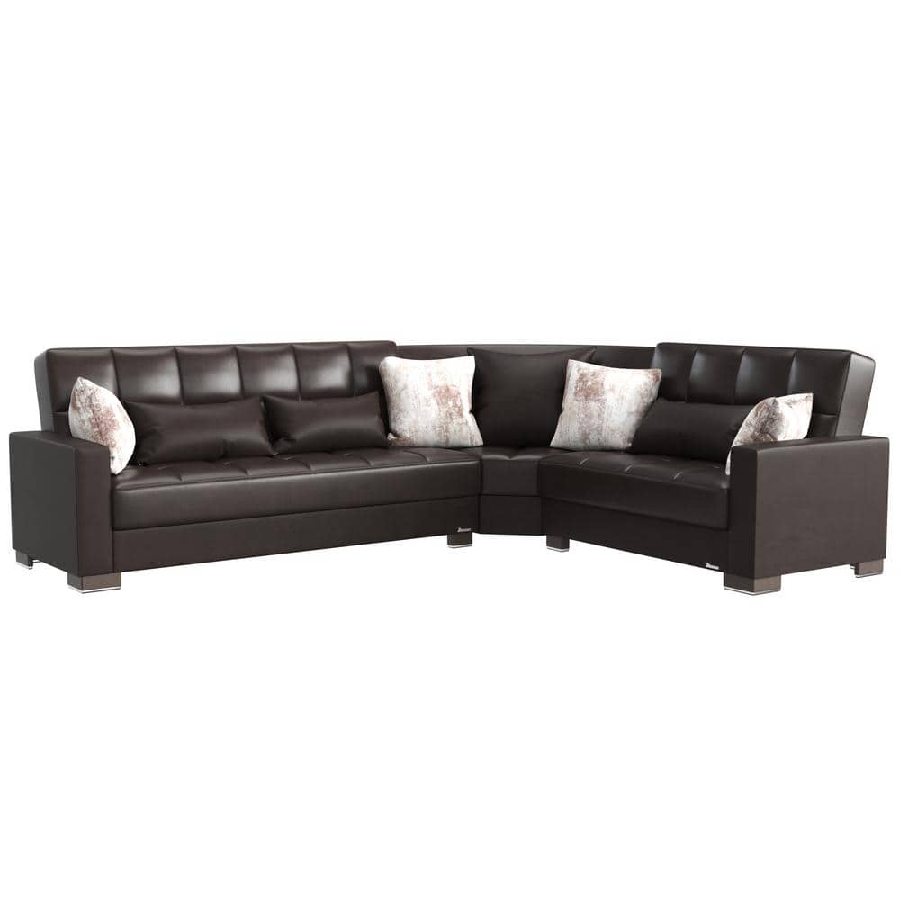 Basics Collection 3-Piece 108.7 in. Faux Leather Convertible Sofa Bed Sectional 6-Seater With Storage, Brown -  Ottomanson, BSC-16-SEC