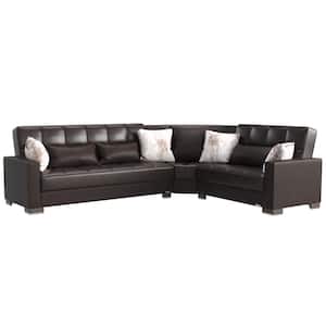 Basics Collection 3-Piece 108.7 in. Faux Leather Convertible Sofa Bed Sectional 6-Seater With Storage, Brown