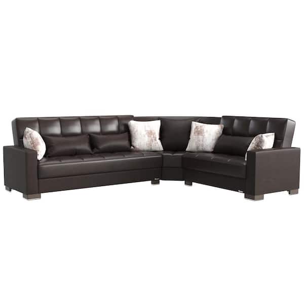 Ottomanson Basics Collection 3-Piece 108.7 in. Faux Leather Convertible Sofa Bed Sectional 6-Seater With Storage, Brown