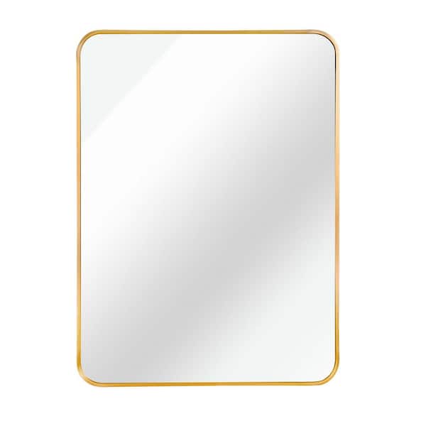Unbranded 22 in. W x 30 in. H Rectangular Brush Gold Aluminum Framed Wall Mount Mirror Rounded Corner Bathroom Vanity Mirror