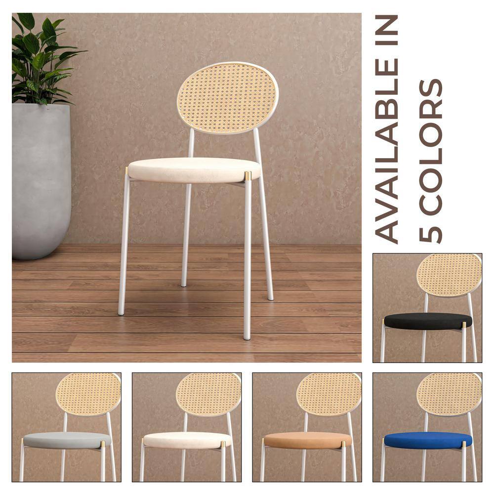 Beige Velvet Side Chair with Rattan Back and White Metal Frame