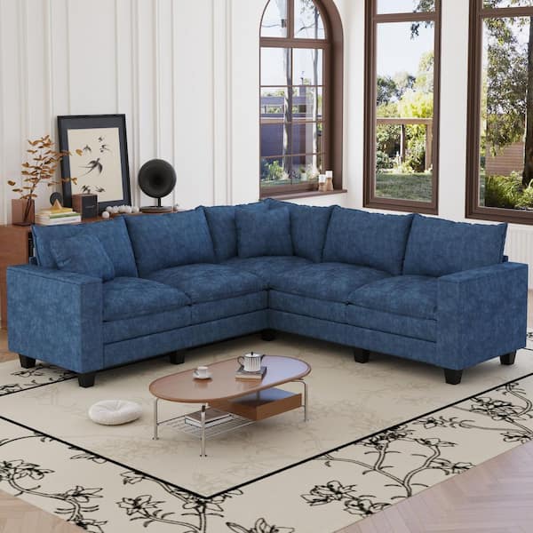 Ken 97 in. Chenille Upholstered Rectangle Sectional Sofa in. Dark Blue with Armrest Storage