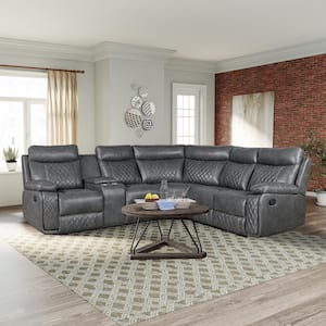 99.6 in W Square Arm Faux Leather L-Shaped Reclining Sectional Sofa in. Gray with Cup Holders and Hide-Away Storage
