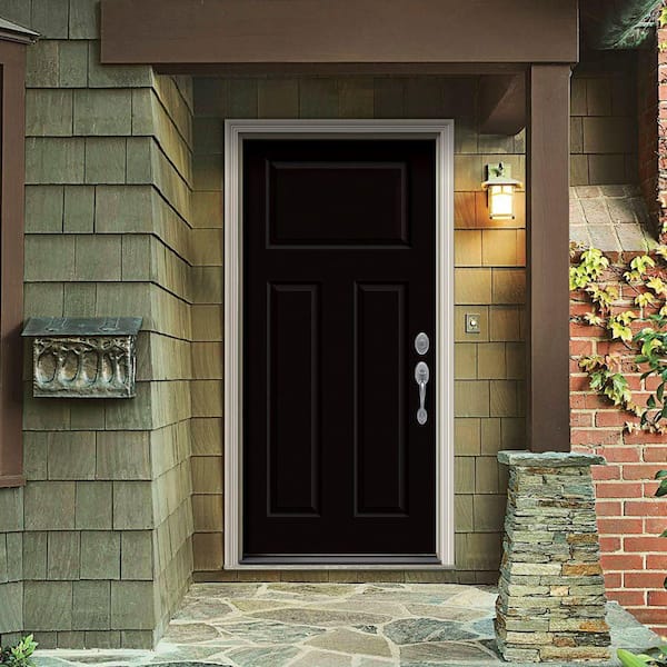 32 in. x 80 in. 3-Panel Craftsman Black Painted Steel Prehung Left-Hand Inswing Front Door w/Brickmould