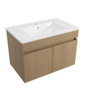 30 in. W x 18 in. D x 20 in. H Single Sink Floating Solid Wood Bath Vanity in Light Oak with White Ceramic Top