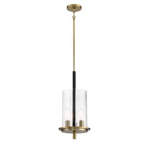 Baldwin Park 3-Light Black and Soft Brass Cage Pendant with Clear Ribbed Glass Shade