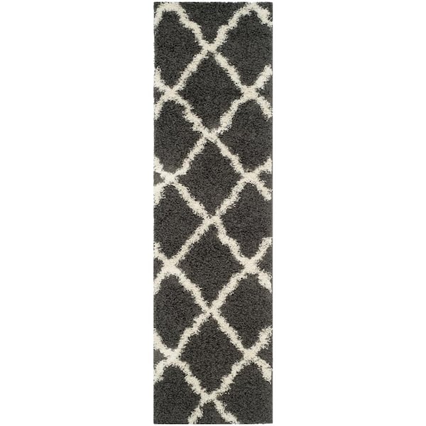 Dallas Shag 2 ft. x 22 ft. Dark Gray/Ivory Geometric Diamond Trellis Runner Rug