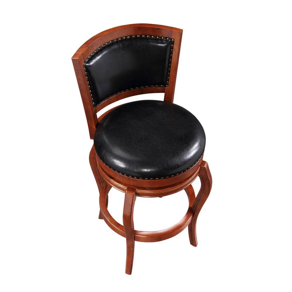 Cherry Hardwood & Black Leather 44.5" Swivel Barstool with Brass Accents