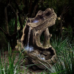 41 in. Tall Outdoor Rainforest Curved Log Water Fountain with LED Lights