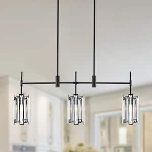 Charlene 35.4 in. 3-Light Black Linear Chandelier with Drum Crystal Shades Kitchen Island Pendant Light