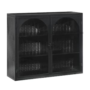 27.56 in. W x 9.06 in. D x 23.62 in. H Bathroom Storage Wall Cabinet in Black with Double Glass Door and Woven Pattern