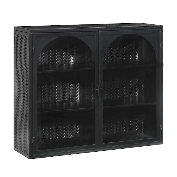 Zeus & Ruta 27.56 in. W x 9.06 in. D x 23.62 in. H Bathroom Storage Wall Cabinet in Black with Double Glass Door and Woven Pattern
