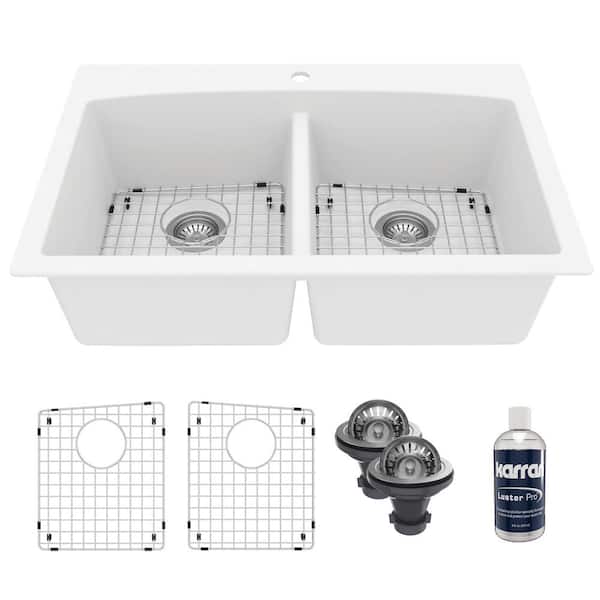QT-710 Quartz/Granite 33 in. Double Bowl 50/50 Top Mount Drop-In Kitchen Sink in White with Bottom Grid and Strainer