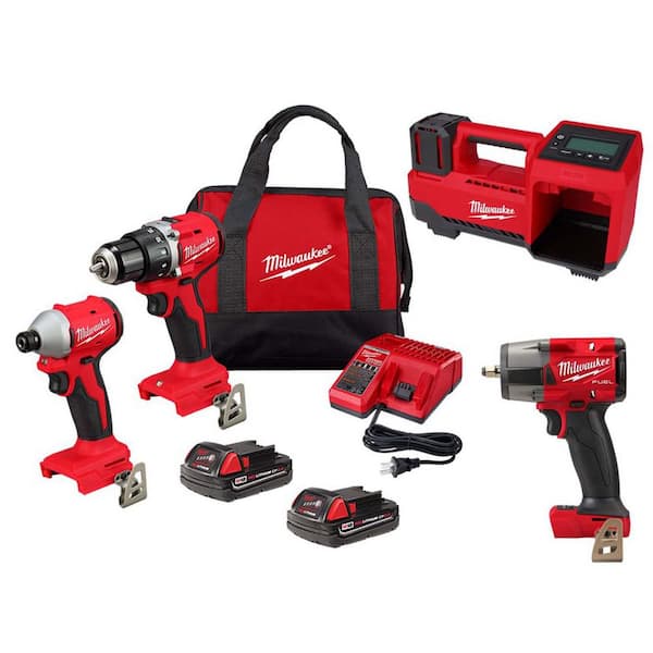M18 FUEL 18V Lith-Ion Cordless Hammer Drill & Impact Driver Combo Kit (4-Tool) w/ 2 Batteries, Impact Wrench, & Inflator
