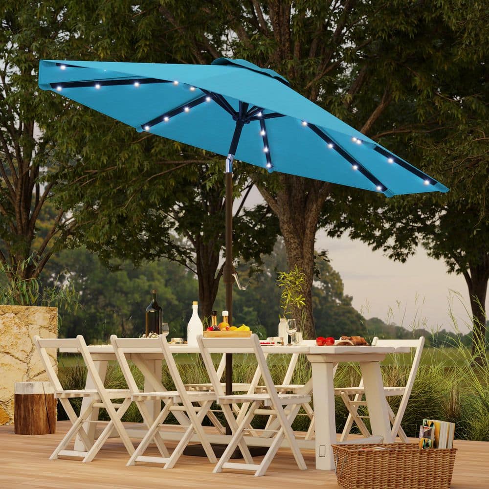 9 ft. Steel Solar Lights Market Patio Umbrella Table Umbrella for Patio and Outdoor With Tilt Button in Lake Blue price history on PriceWatchPro