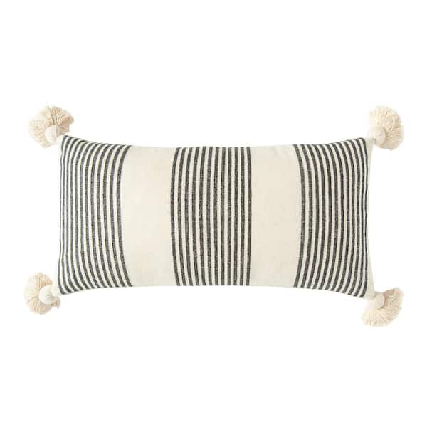 Storied Home Black Striped Cotton and Chenille 27 in. x 14 in. Throw Pillow