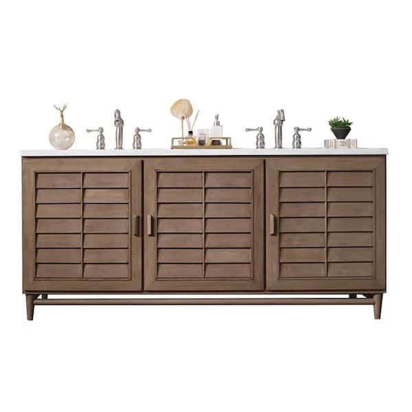 James Martin Vanities Portland 72.0 in. W x 23.5 in. D x 34.3 in. H Bathroom Vanity in Whitewashed Walnut with White Zeus Quartz Top