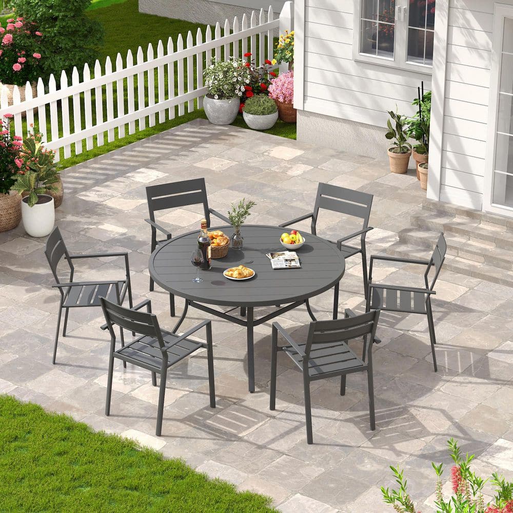 7-Piece Metal Outdoor Dining Set with 50 in. Gray Round Patio Table and 6 Gray All-Weather Stackable Dining Chairs price history on PriceWatchPro