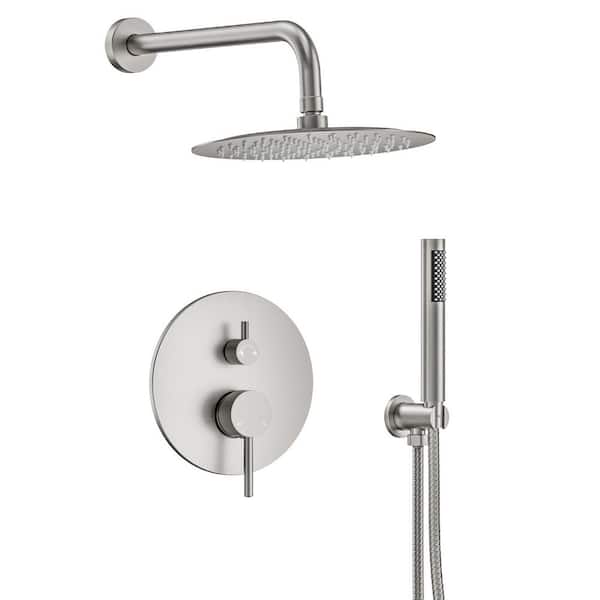 2-Handle 10 in. Round 2.5 GPM Wall Mount 2-Spray Tub and Shower Faucet in Pressure Balance Brushed Nickel Valve Include