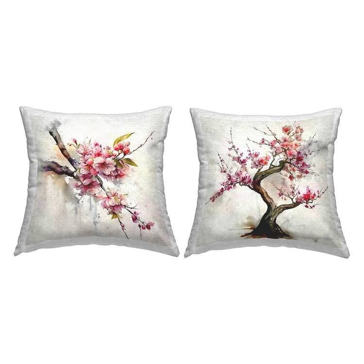 Stupell Industries Cherry Blossom Bonsai Floral Blooms Beige Square Outdoor Throw Pillow 2-Pack