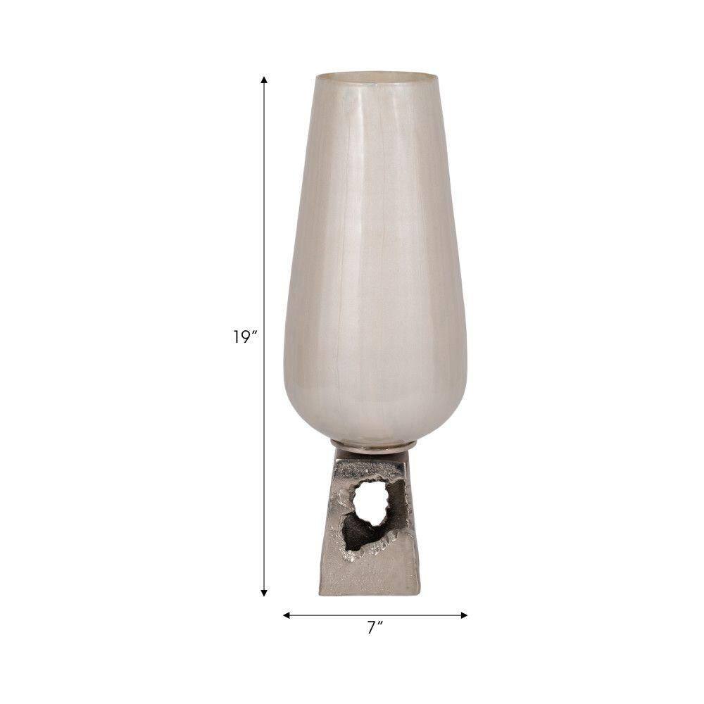 Pearl White Glass Vase with Metal Base, 19" Tall