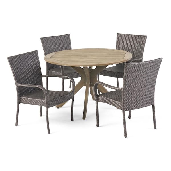 Noble House Avoca Gray 5-Piece Wood and Faux Rattan Outdoor Patio Dining Set