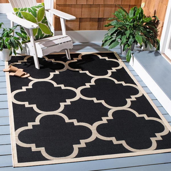Courtyard Black/Beige 8 ft. x 10 ft. Border Clover Indoor/Outdoor Area Rug