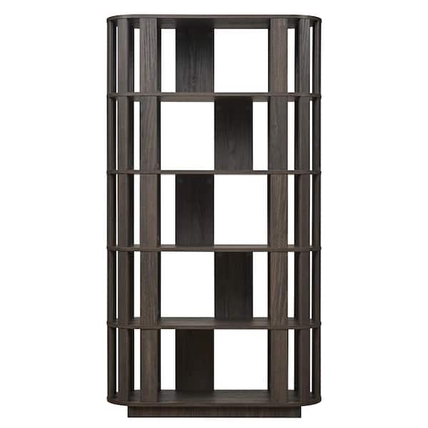 Dark Brown Wood Oval Open Bookshelf 5-Tier MDF Grid Frame Bookcase