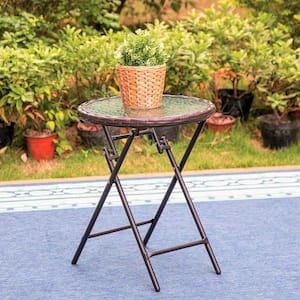 Black Round Metal Patio Outdoor Bistro Table Foldable Patio Rattan Side Coffee Table with Tempered Glass Table Top