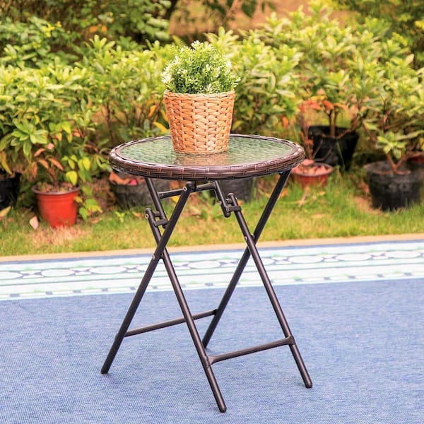 Outdoor Side Table Black Steel Small Round Tempered Glass Top Patio Yard or Porch End Table 