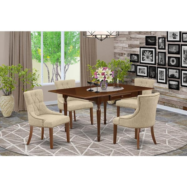 East West Furniture 5-Piece Mahogany Finish Solid Wood Top - Rectangular Dining Room Set with Dropleaf - Seats 4