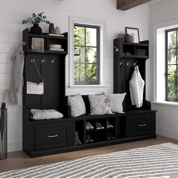 Bush Furniture Woodland Black Suede Oak Entryway Storage Set with Hall Tree and Shoe Bench with Doors